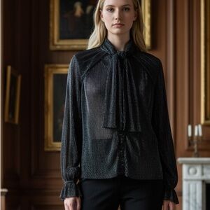 Marco De Vincenzo Metallic Tie-Neck Blouse 42 Button Up Ribbed Flowy Sheer Bow